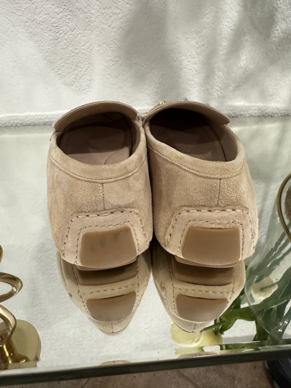 Stuart Weitzman Pearl-Trim Suede Loafers in Beige - Picture 6 of 7